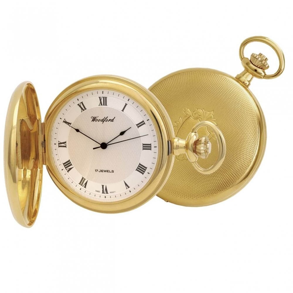 Gold Plated 17 Jewel Mechanical Full Hunter Pocket Watch Stippled