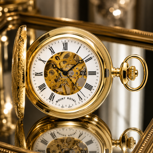 Gold Plated Half Hunter Skeleton Dial Mechanical Pocket Watch with Chain