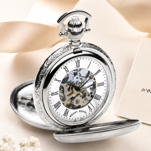 Chrome Plated Double Half Hunter Mechanical Pocket Watch with Chain