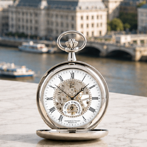The St James Chrome Plated Double Hunter Mechanical Pocket Watch with Chain