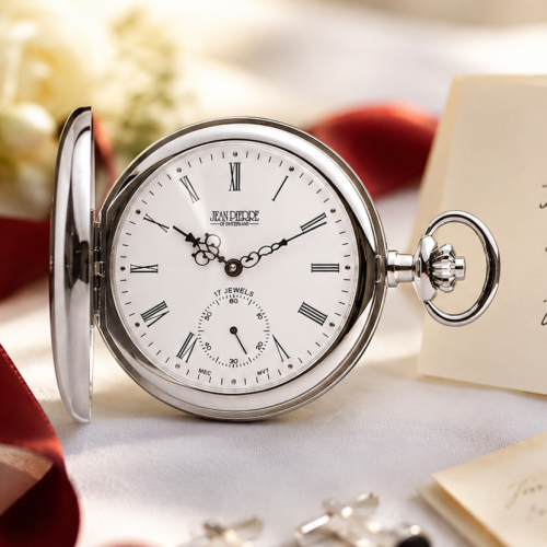 Chrome Plated Half Hunter Mechanical Pocket Watch with Chain