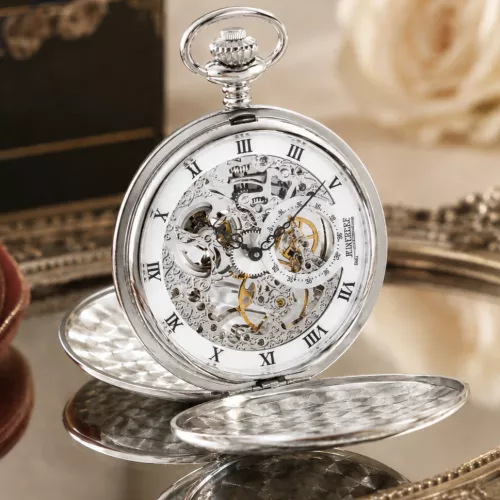 Sterling Silver Double Hunter Mechanical Pocket Watch with Chain