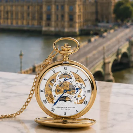 The Westminster Gold Plated Double Hunter Dual Time Mechanical Pocket Watch with Chain