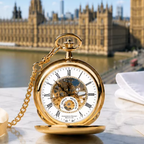 The St James Gold Plated Double Hunter Mechanical Pocket Watch with Chain