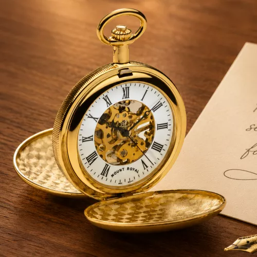 Gold Plated Skeleton Mechanical Double Hunter Pocket Watch