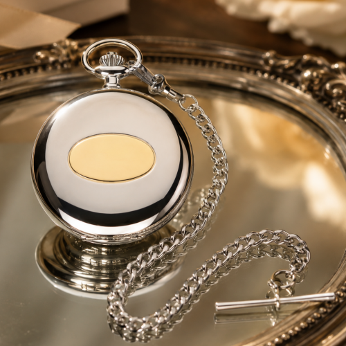 Two-Tone Full Hunter Quartz Pocket Watch Gents Classic with Chain