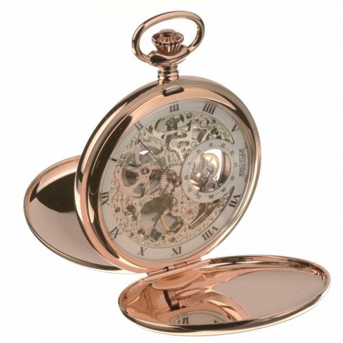 Rose Gold Plated Double Hunter Skeleton Mechanical Pocket Watch