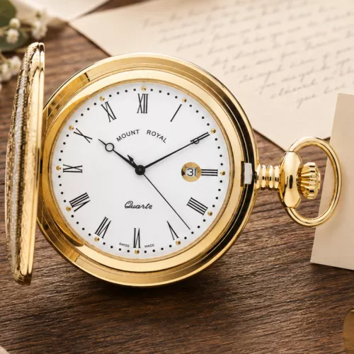 Gold Plated Full Hunter Date Display Quartz Pocket Watch with Chain (45mm) (B4)