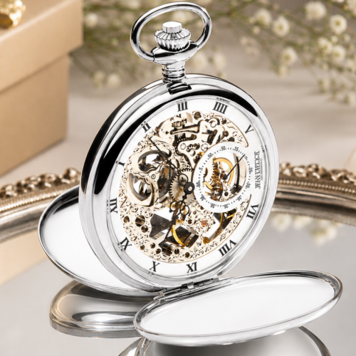 Chrome Plated Double Hunter Mechanical Pocket Watch with Chain