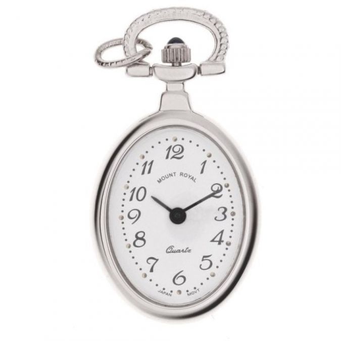 Silver Plated Open Face Quartz Oval Pendant Necklace Watch