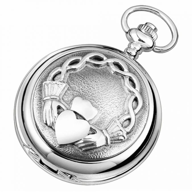 Claddagh Chrome/Pewter Mechanical Double Hunter Pocket Watch