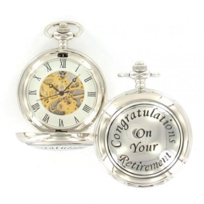 Retirement Chrome/Pewter Mechanical Double Hunter Pocket Watch