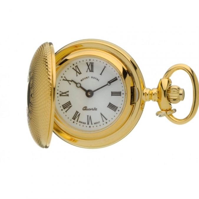Gold Plated Shield Design Full Hunter Quartz Pendant Necklace Watch