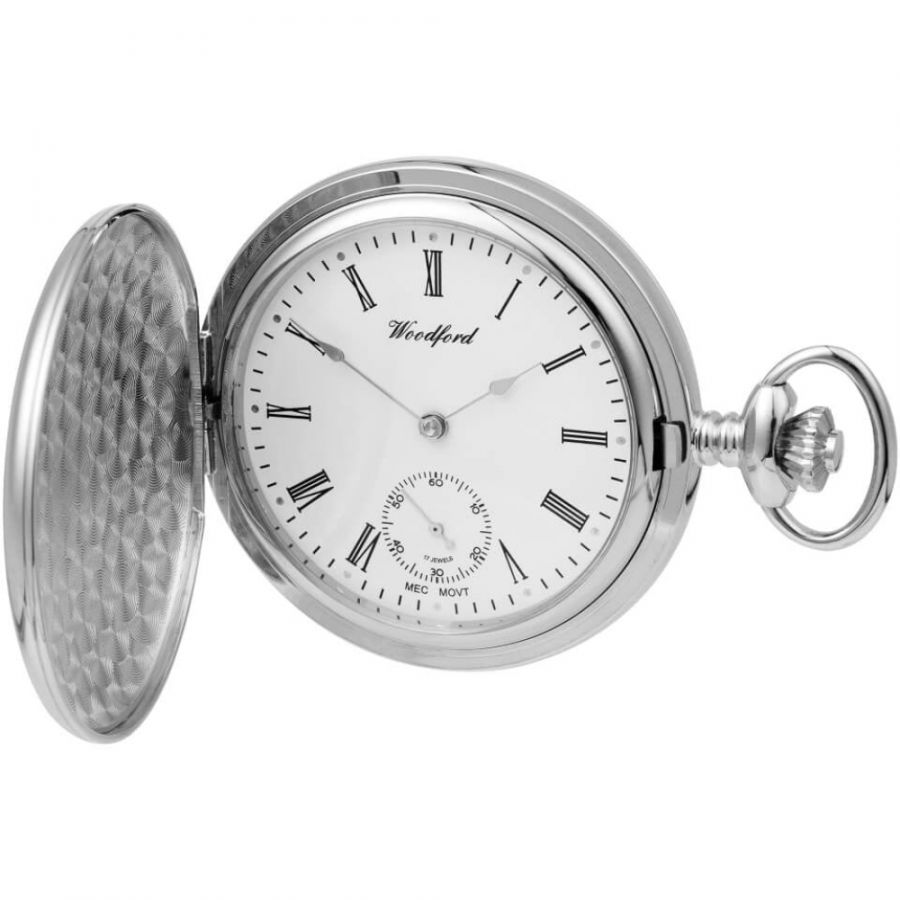 Chrome Plated Full Hunter Mechanical Pocket Watch With Chain W1070