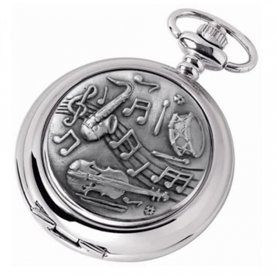 Music Chrome/Pewter Quartz Full Hunter Pocket Watch