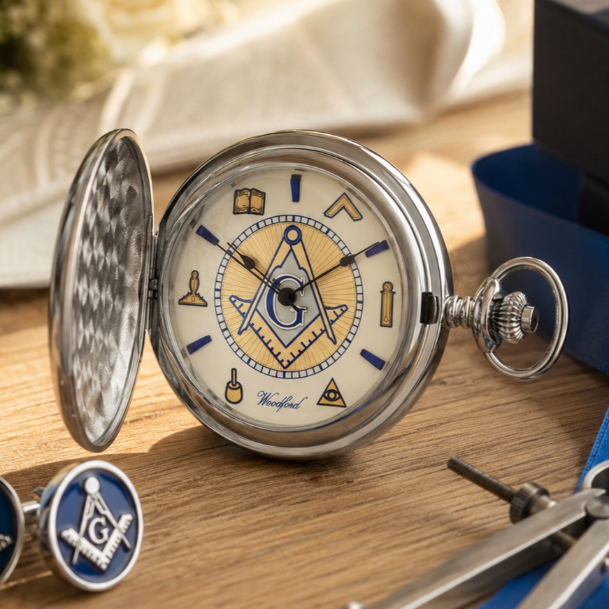 Masonic Chrome Plated Half Hunter Mechanical Pocket Watch with Chain