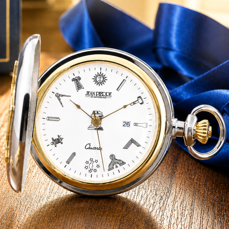 Masonic Two-Tone Full Hunter Date Display Quartz Pocket Watch with Chain