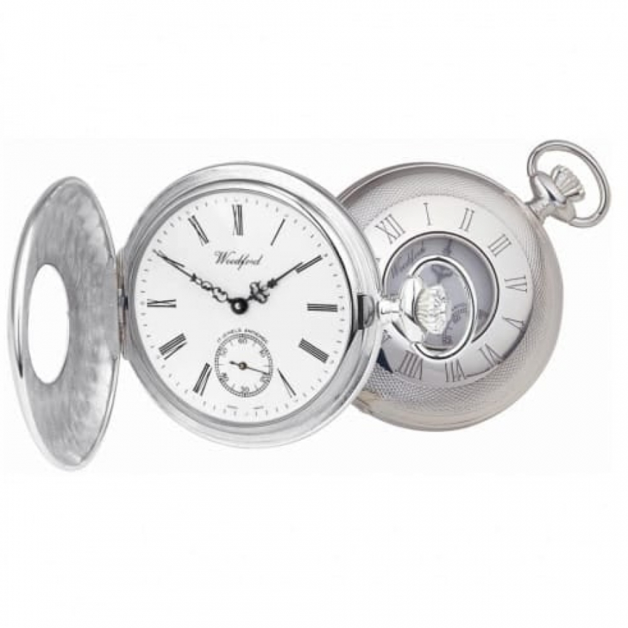 Sterling Silver 17 Jewel Half Hunter Mechanical Pocket Watch & Albert Chain