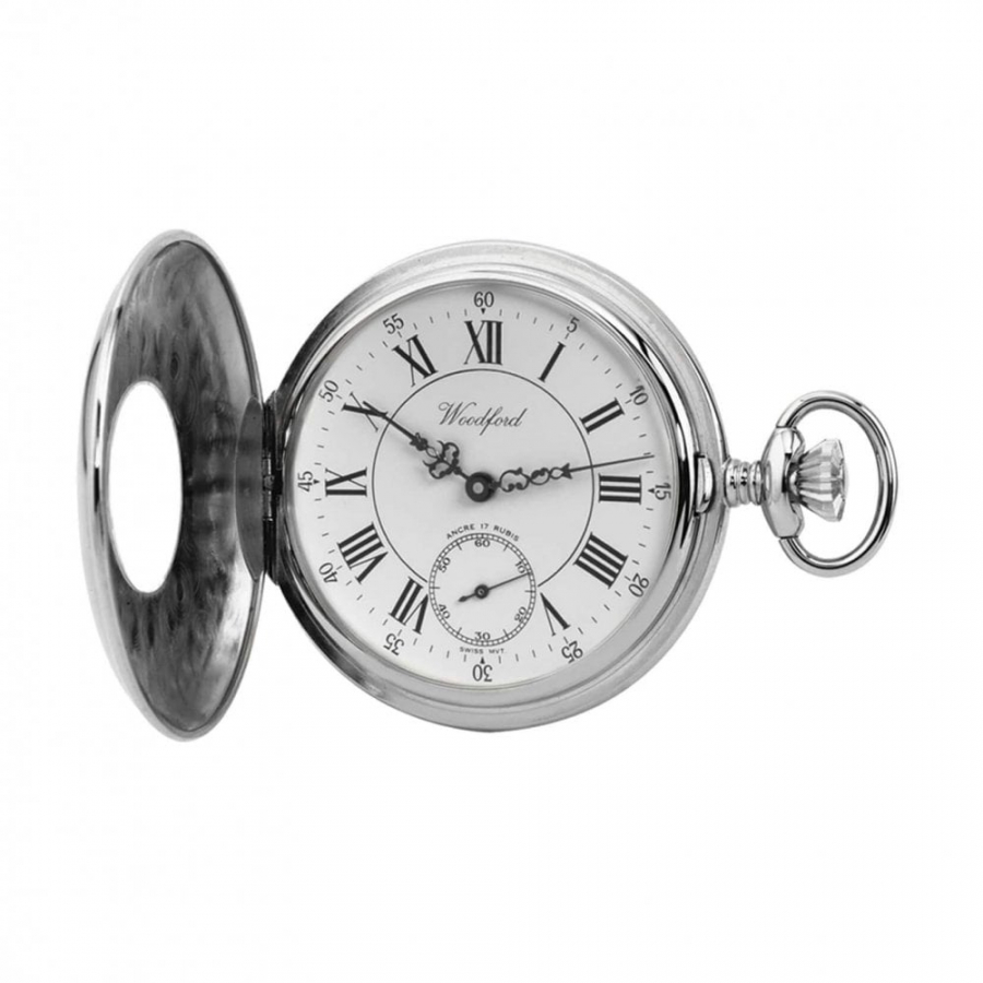 Chrome Plated White Face Mechanical Half Hunter Pocket Watch