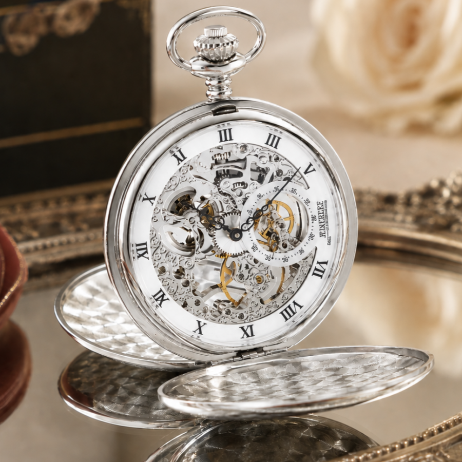 Sterling Silver Double Hunter Mechanical Pocket Watch with Chain