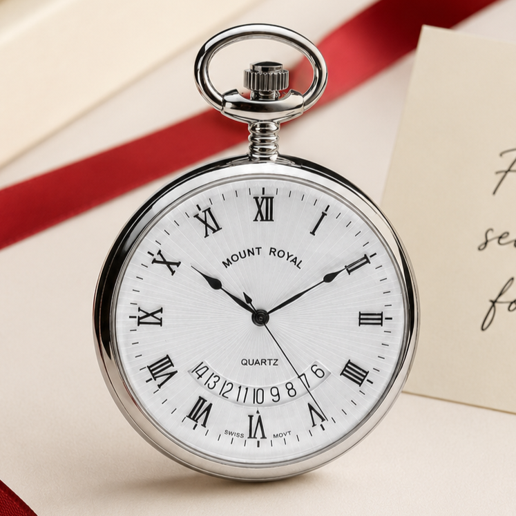 Chrome Plated Open Face Date Display Quartz Pocket Watch with Chain (40mm)