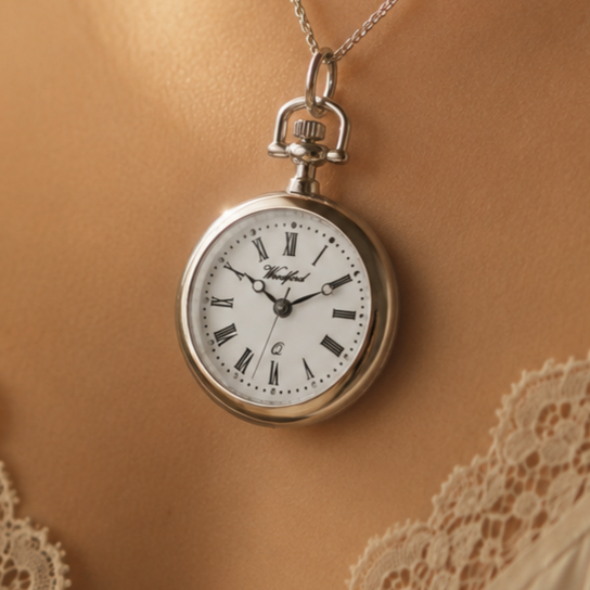 Silver Plated Open Face Quartz Pendant Necklace Watch