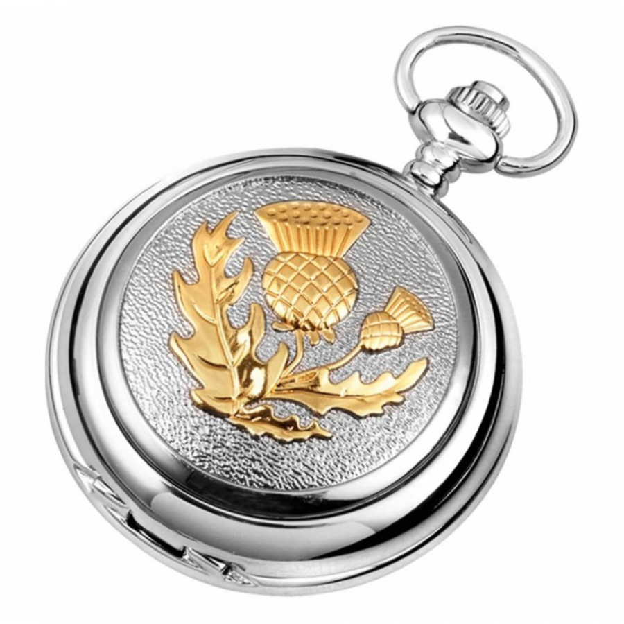 Thistle Chrome/Pewter/Gold Quartz Full Hunter Pocket Watch