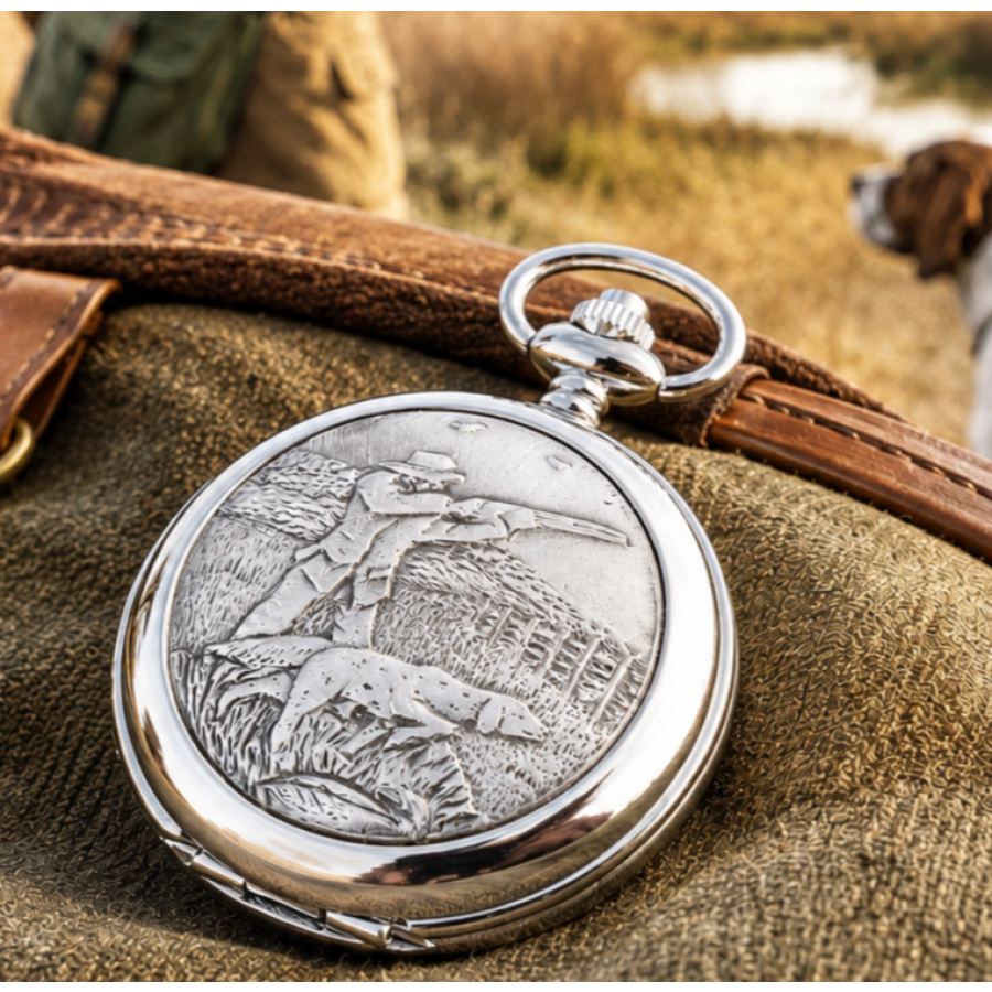 Shooting Chrome & Pewter Full Hunter Quartz Pocket Watch with Chain