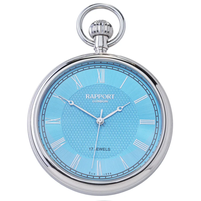 Mechanical Ice Blue Open Face Silver Pocket Watch