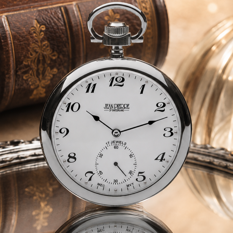 Chrome Plated Open Face Mechanical Pocket Watch with Chain
