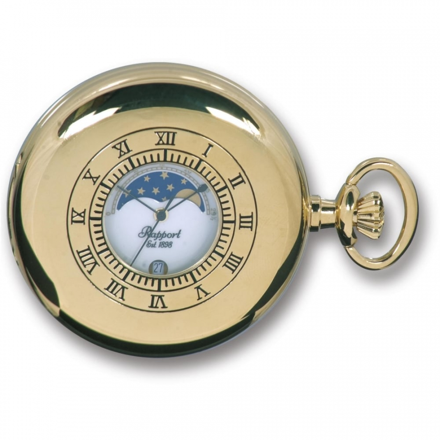 Gold Plated Polished Moon Phase Half Hunter Quartz Pocket Watch