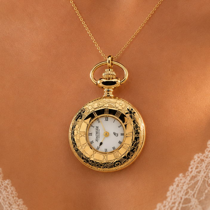 Gold Plated Half Hunter Quartz Pendant Watch With Roman Numerals