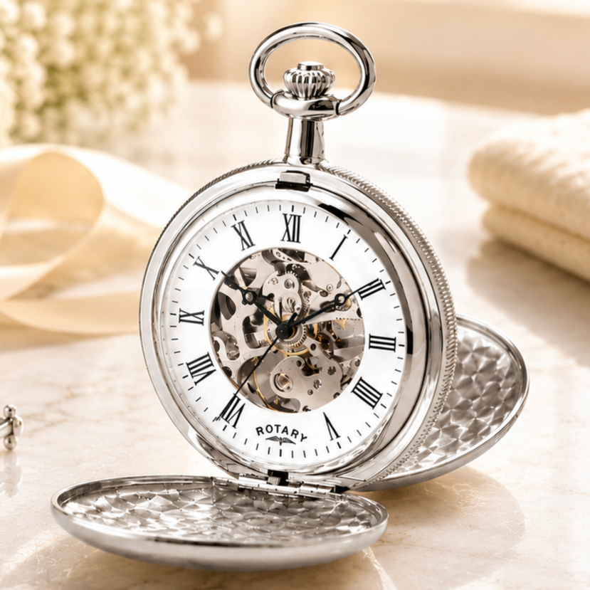 Chrome Plated Double Hunter Mechanical Pocket Watch with Chain