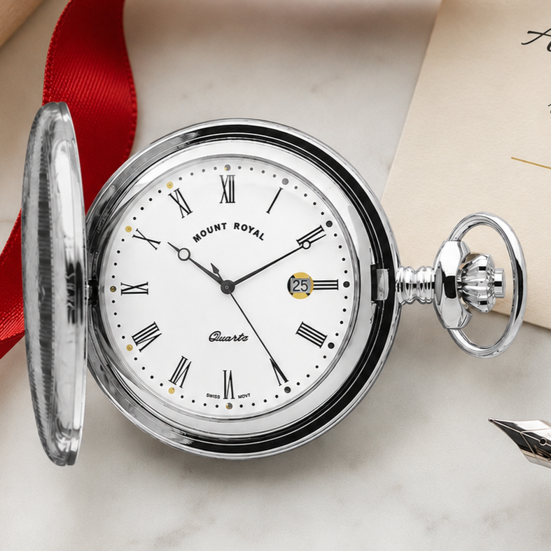 Chrome Plated Full Hunter Date Display Quartz Pocket Watch with Chain (45mm) (B5)