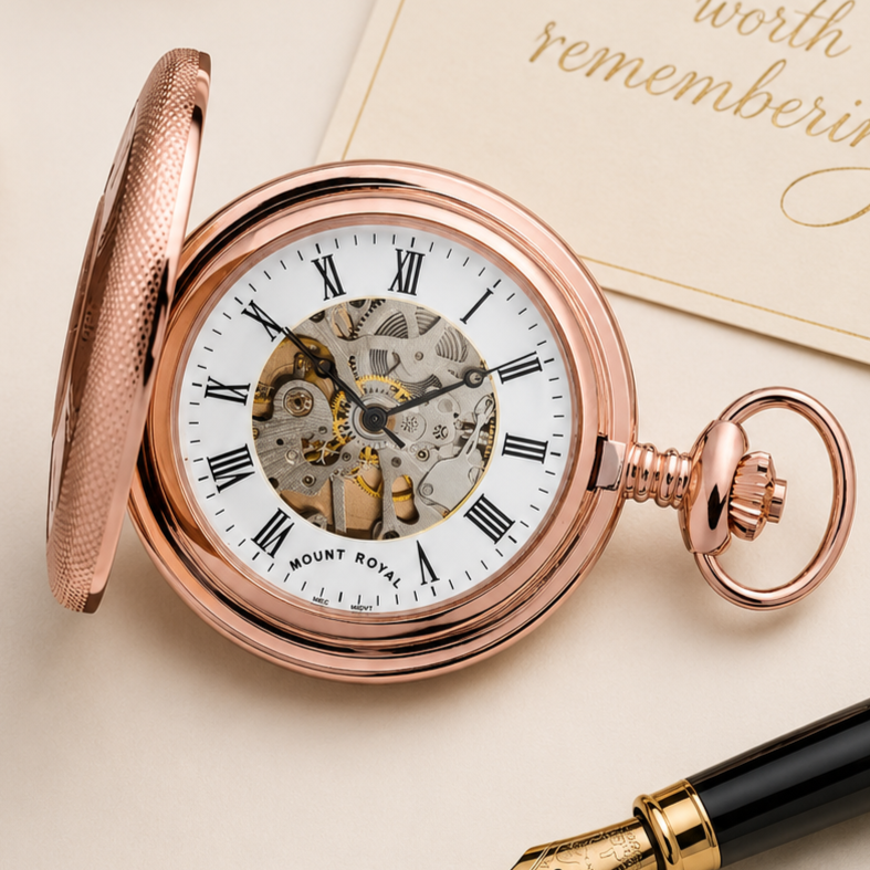 Rose Gold Plated Half Hunter Skeleton Dial Mechanical Pocket Watch with Chain