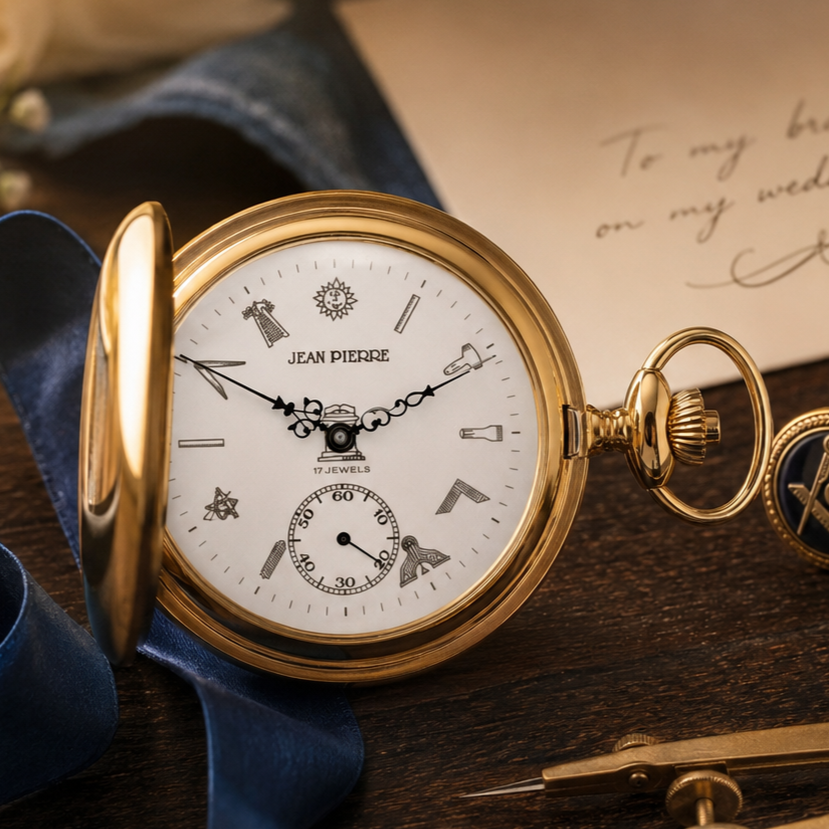 Masonic Gold Plated Full Hunter Mechanical Pocket Watch with Chain (48mm)
