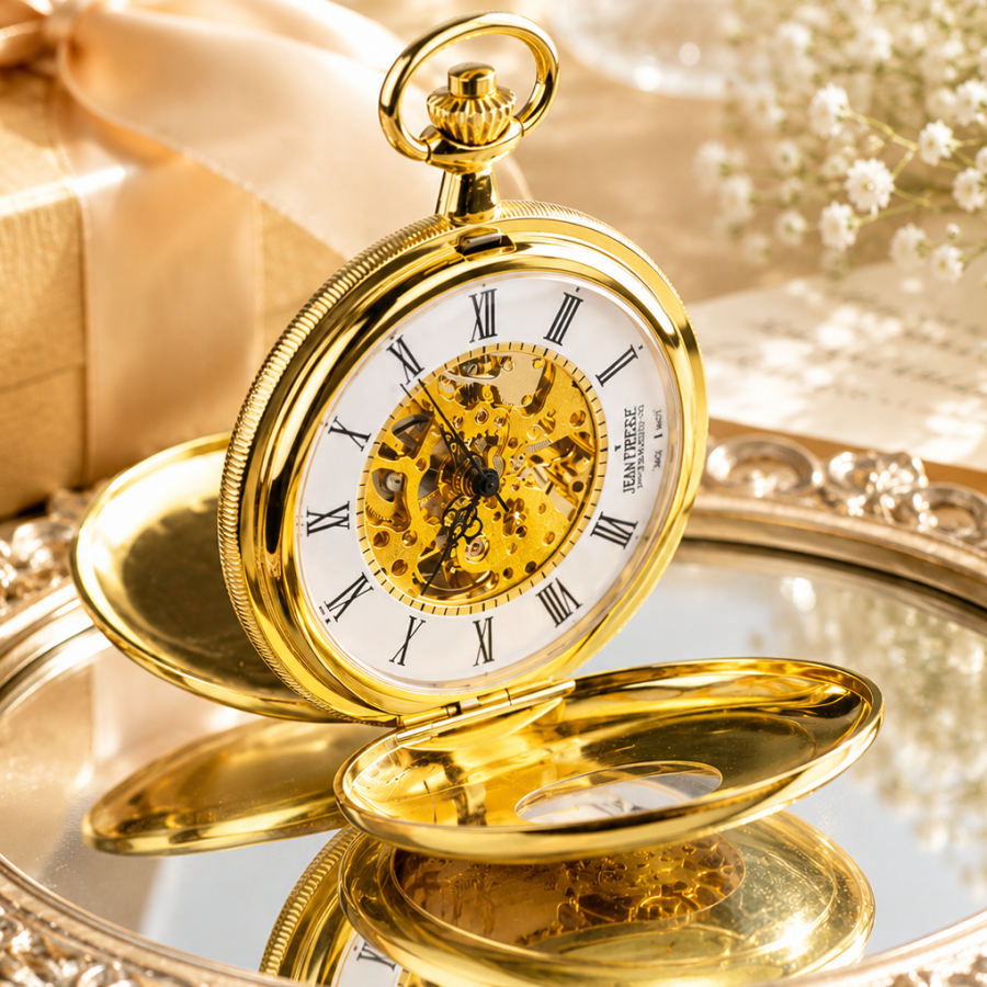 Gold Plated Double Half Hunter Mechanical Pocket Watch with Chain (48mm)