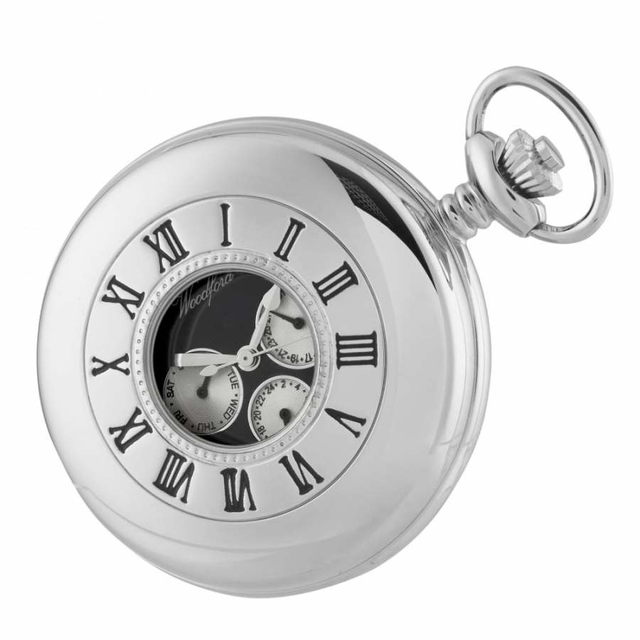 Chrome Plated Half Hunter Pocket Watch With Day/Date Display