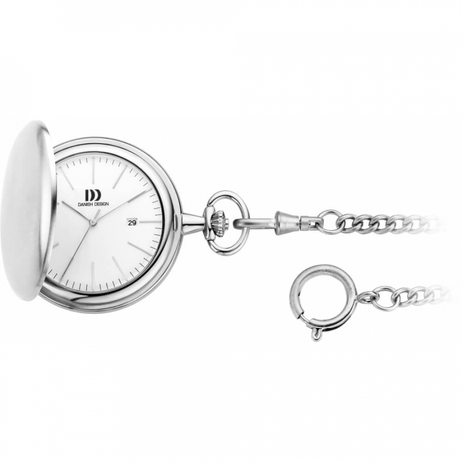 White Face Full Hunter Brushed Chrome Pocket Watch With Chain