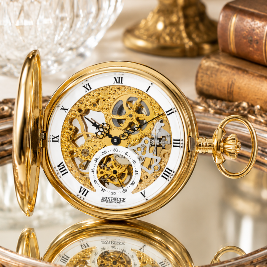 Gold Plated Double Hunter Mechanical Pocket Watch with Chain