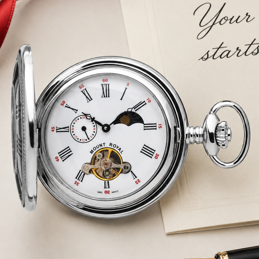 Chrome Plated Half Hunter Moon Dial Mechanical Pocket Watch with Chain