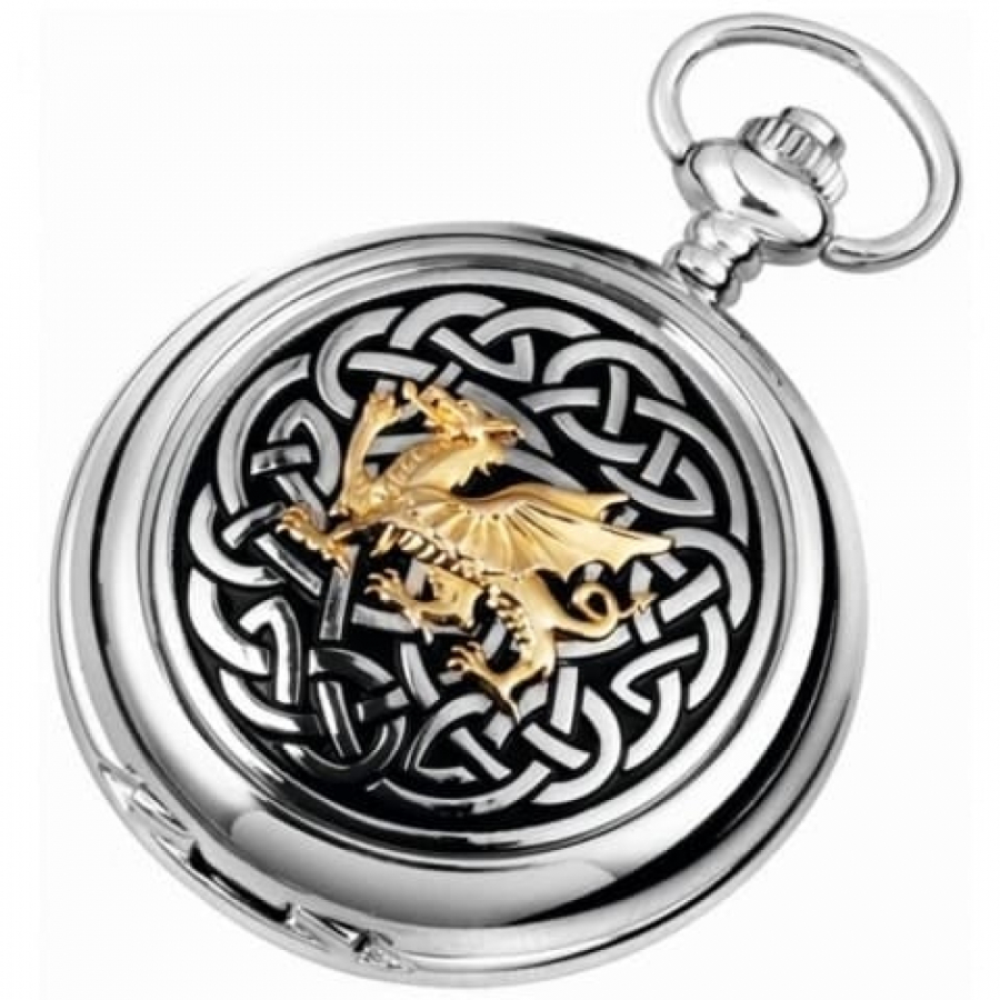 Welsh Dragon With Knotwork Chrome/Pewter Quartz Full Hunter Pocket Watch