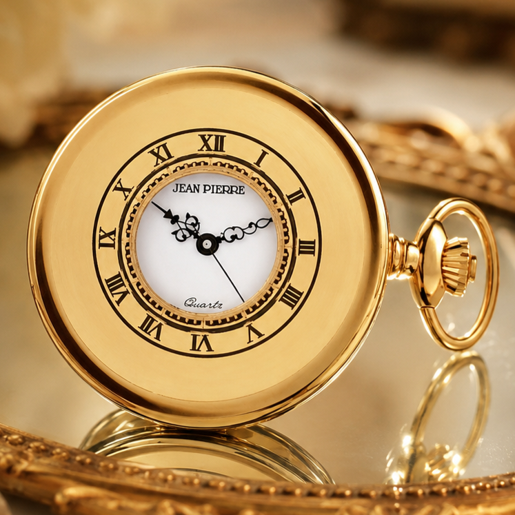 Gold Plated Half Hunter Quartz Pocket Watch with Chain (48mm)