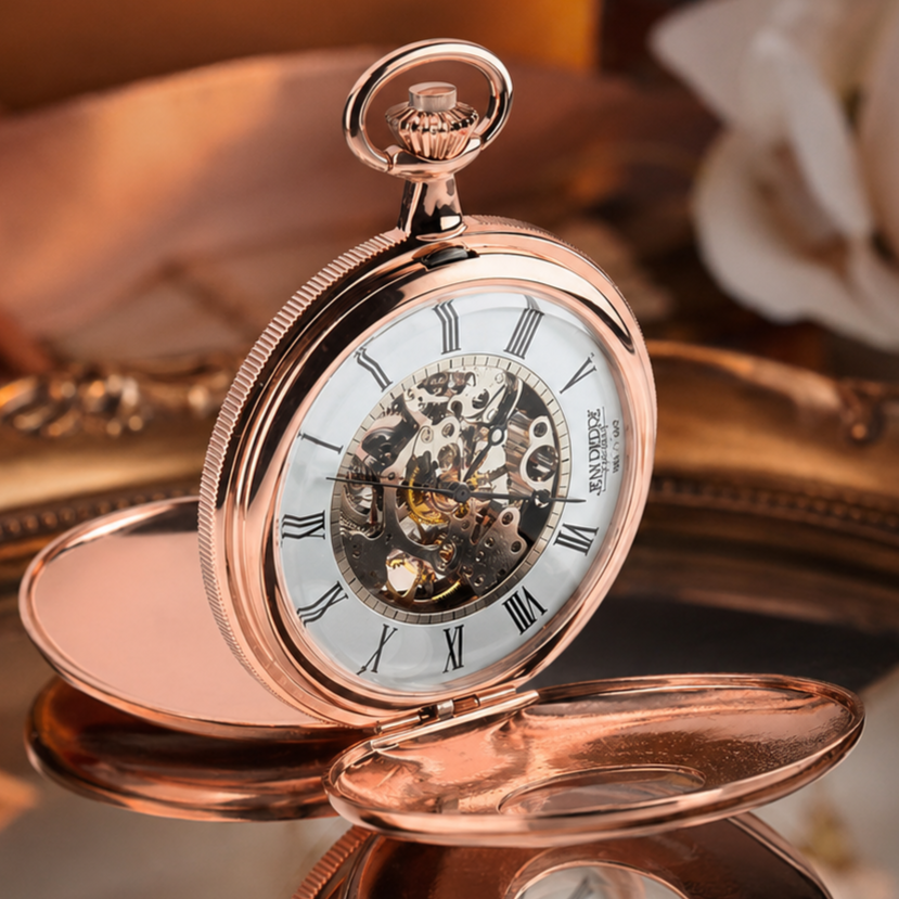 Rose Gold Plated Double Half Hunter Mechanical Pocket Watch with Chain