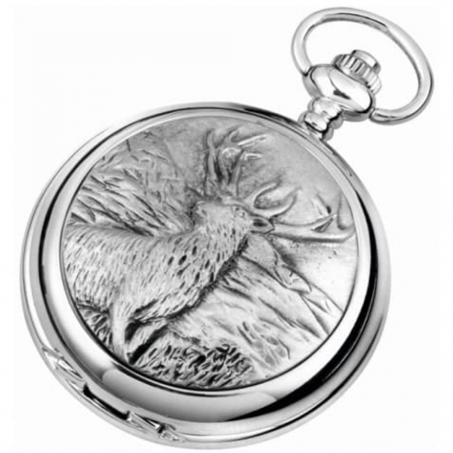 Stag Chrome/Pewter Quartz Full Hunter Pocket Watch