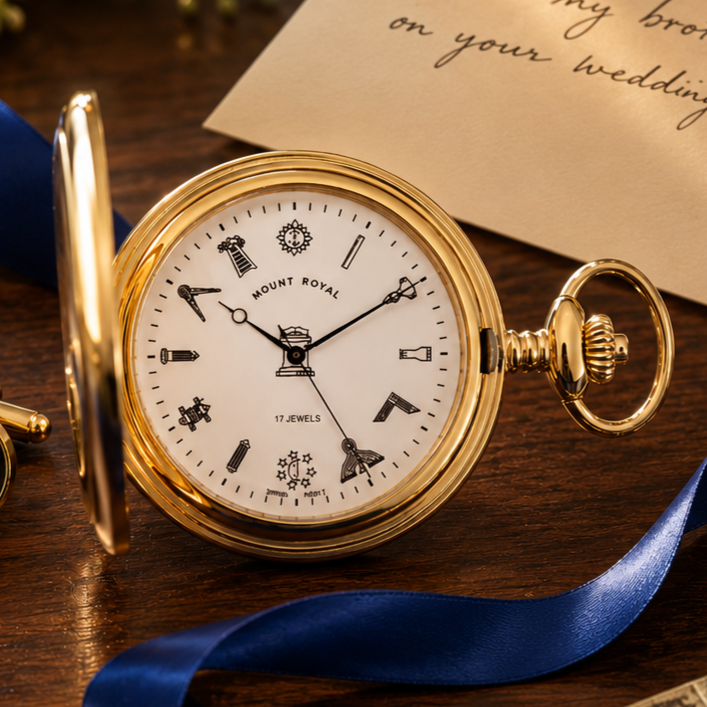 Masonic Gold Plated Full Hunter Date Display Mechanical Pocket Watch with Chain