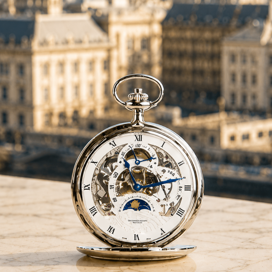 The Westminster Chrome Plated Double Hunter Dual Time Mechanical Pocket Watch with Chain