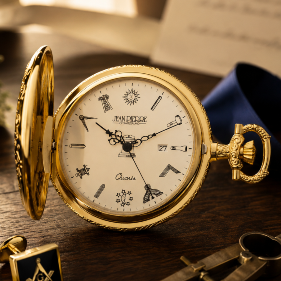 Masonic Gold Plated Half Hunter Date Display Quartz Pocket Watch with Chain (46mm)
