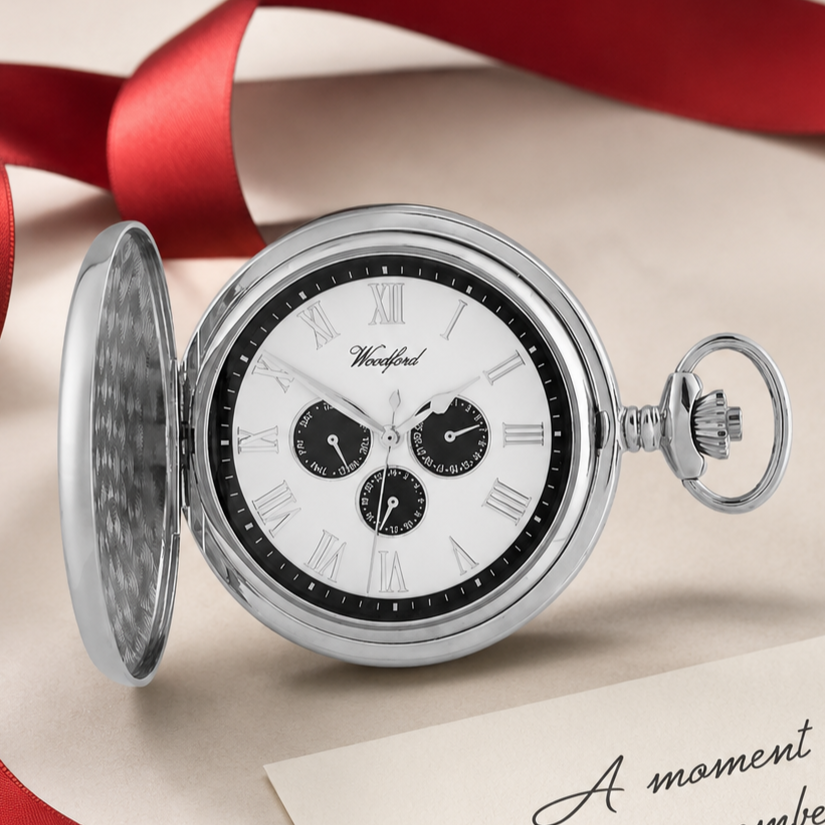 Chrome Plated Full Hunter Date Display Quartz Pocket Watch with Chain (49mm)