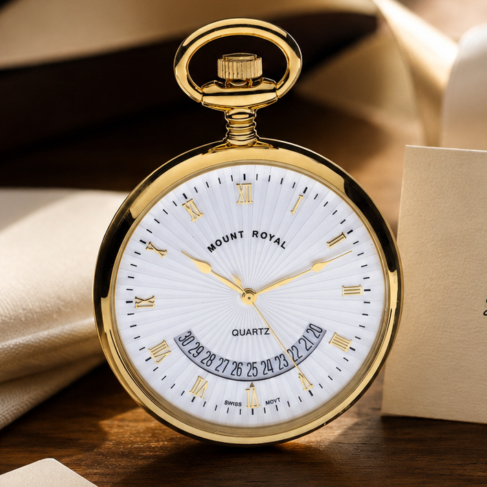 Gold Plated Open Face Date Display Quartz Pocket Watch with Chain